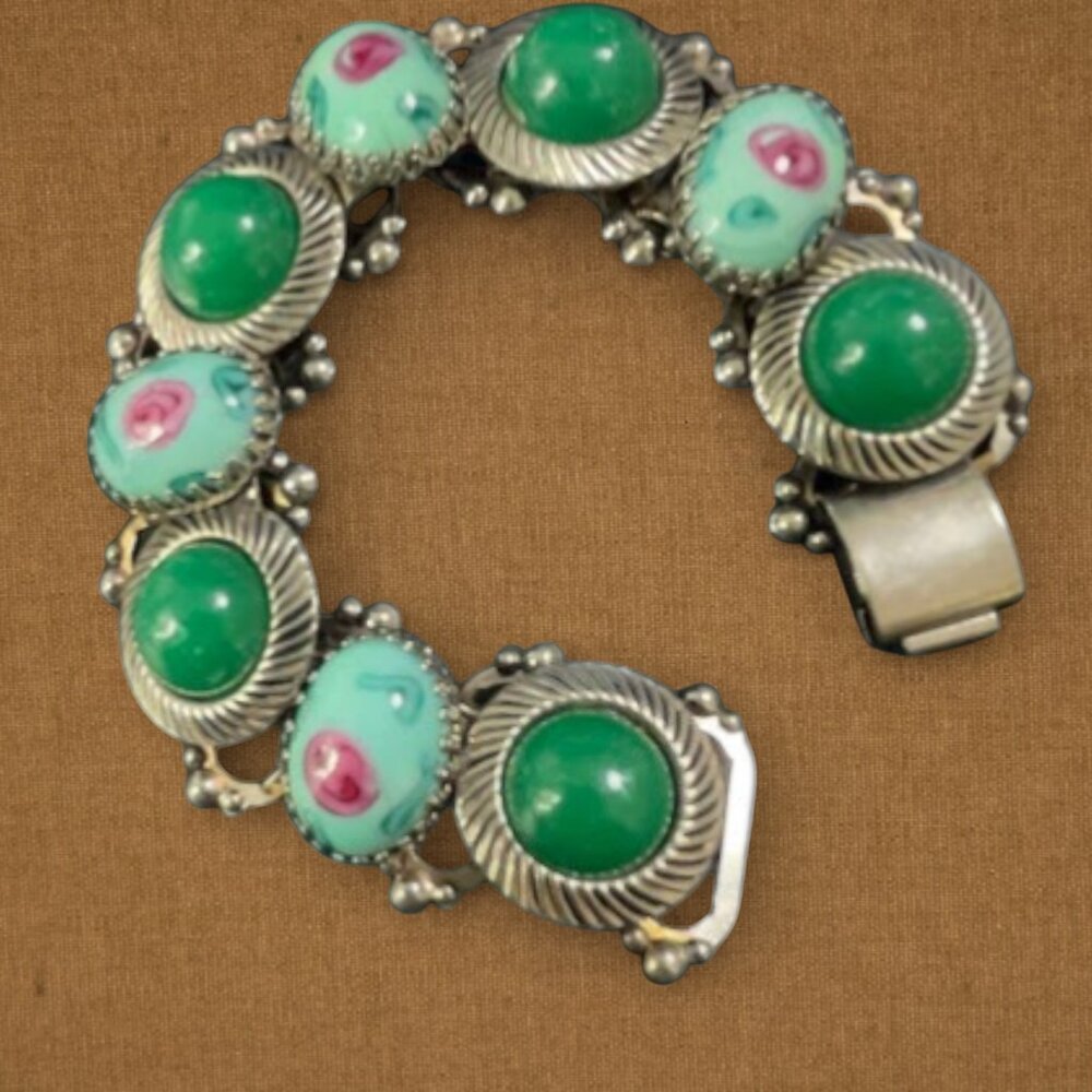 Vintage 1950's Book Link Glass Cabochon Floral Green, Pink Silver Tone Bracelet